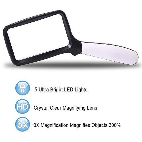 Koyet Large Hand Magnifying Glass Handheld Folding Reading Magnifier 3X Magnification with 5 Dimmable LEDs Ideal for Reading Small Prints, Book, Low Vision, Read Easily at Night - Image 3