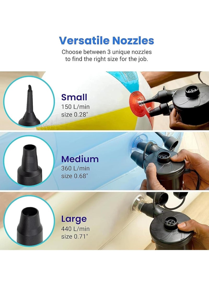 مضخة هواء كهربائية محمولة، مضخة هواء كهربائية مع 3 فوهات، مضخة هواء كهربائية سريعة التعبئة للتخييم في الهواء الطلق، قابلة للنفخ، قوارب، طوف، حمام سباحة، عوامات، أسود - Image 3