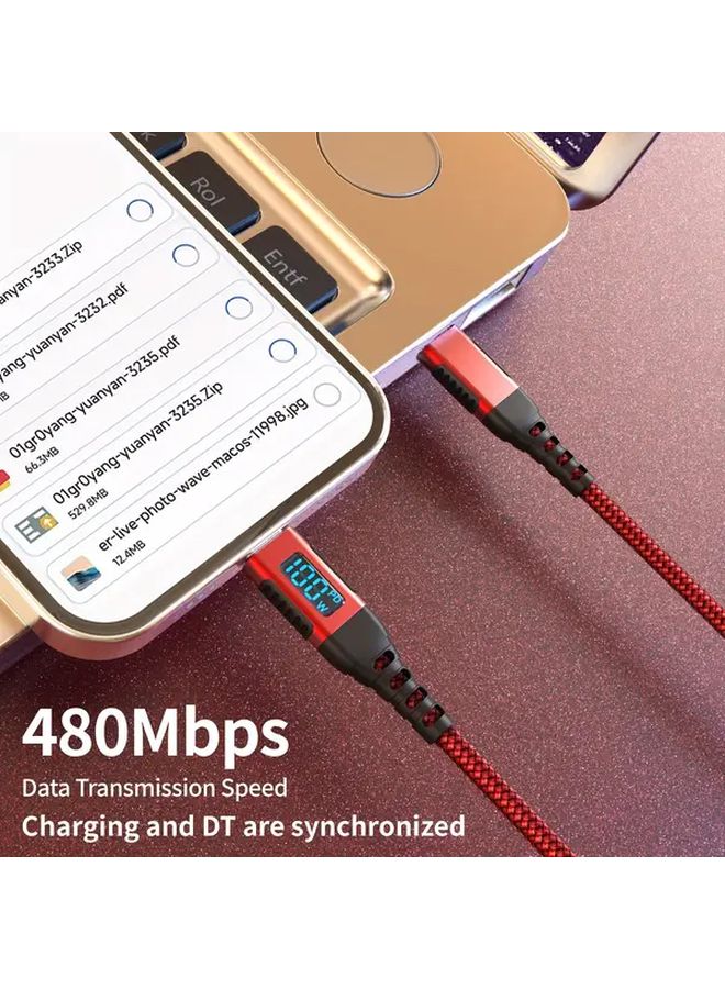 Red Nylon USB C to USB C Fast Charging Cable PD 100W LED Display 1m for iPhone 15 Galaxy - Image 2
