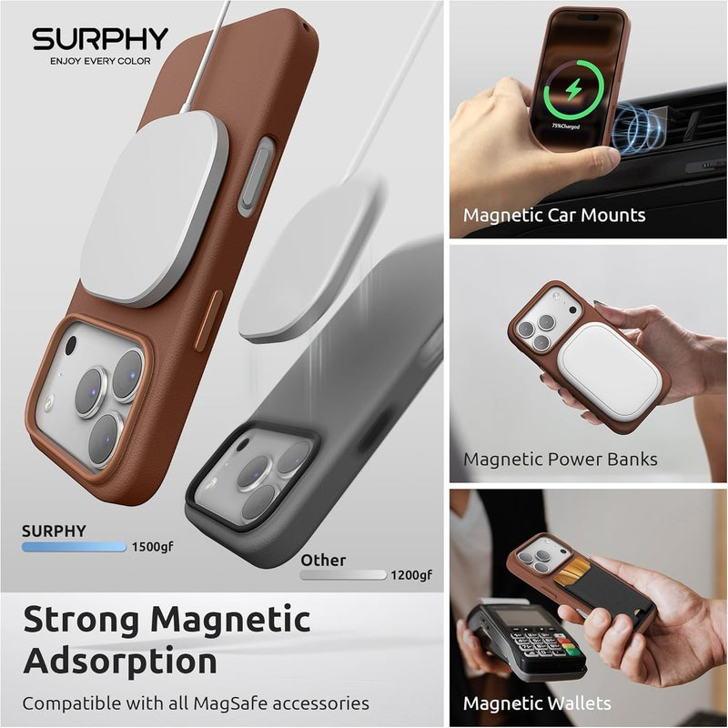 SURPHY Designed for iPhone 17 Pro Max Leather Case, Compatible with MagSafe Wireless Charging Faux Leather Case with Metallic Buttons and Microfiber Lining for 17 Pro Max 6.9 inch 2025 Brown - Image 3