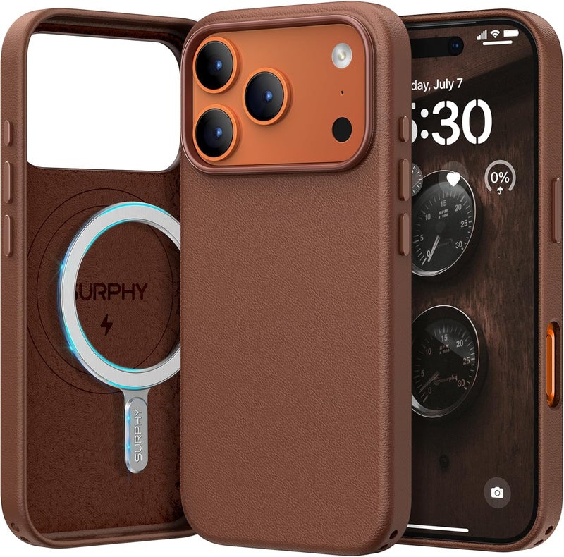 SURPHY Designed for iPhone 17 Pro Max Leather Case, Compatible with MagSafe Wireless Charging Faux Leather Case with Metallic Buttons and Microfiber Lining for 17 Pro Max 6.9 inch 2025 Brown - Image 1