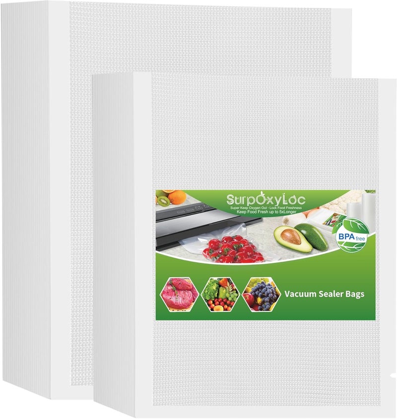 SurpOxyLoc 100 عبوة من أكياس ختم التفريغ: 50 من كل مقاس، 50 نصف لتر (15 × 25 سم) و 50 ربع غالون (20 × 30 سم)، خالية من مادة BPA، مناسبة للطهي بدرجة حرارة منخفضة (سو فيد)، ختم الوجبات، درجة تجارية، مجموعة مقطوعة مسبقًا من الأكياس. - Image 1