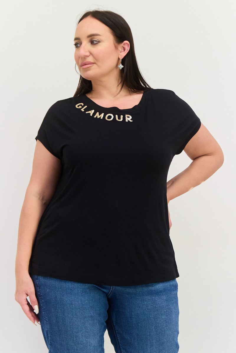 ESPRIT Women Round Neck Cap Sleeves Textured Top, Black - Image 1