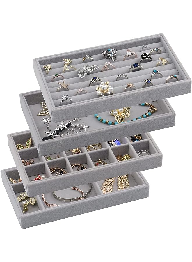 AMERTEER Large Stackable Velvet Jewelry Trays Organizer, Jewelry Storage Display Trays for Drawer, Earring Necklace Bracelet Ring Organizer, Set of 4, Gray, 8.26" x 4.92" x 1" - Image 1