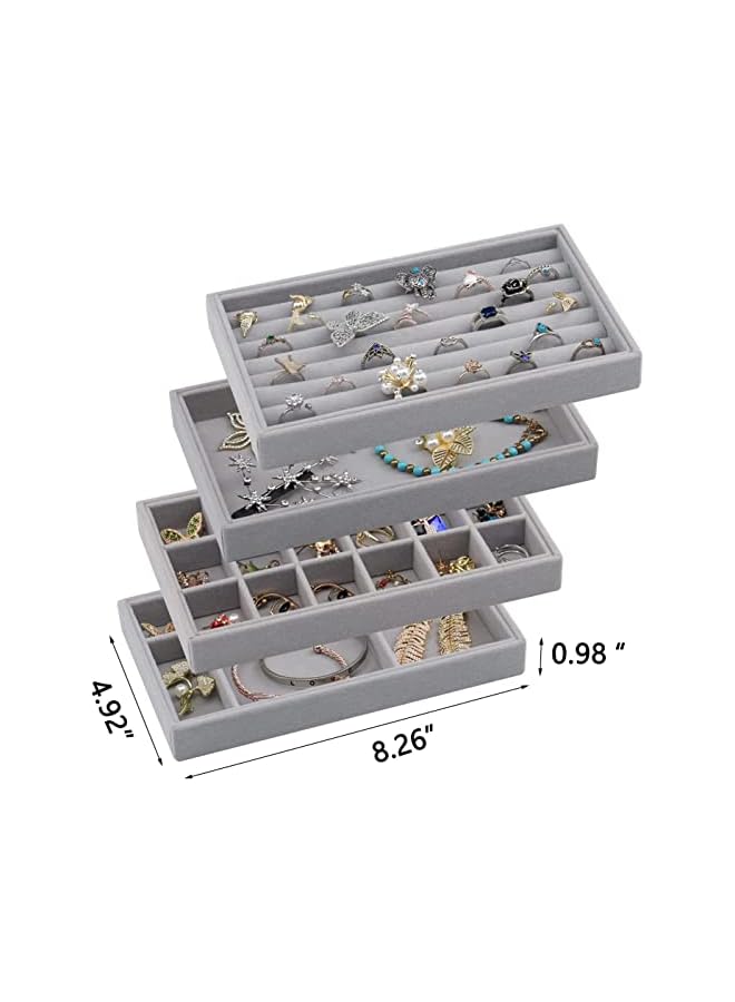 AMERTEER Large Stackable Velvet Jewelry Trays Organizer, Jewelry Storage Display Trays for Drawer, Earring Necklace Bracelet Ring Organizer, Set of 4, Gray, 8.26" x 4.92" x 1" - Image 3
