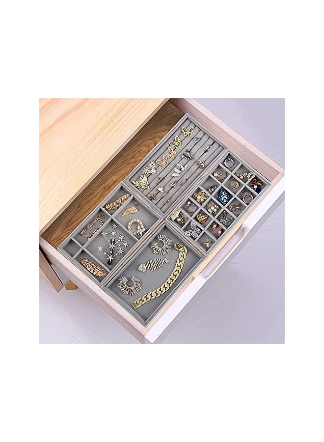 AMERTEER Large Stackable Velvet Jewelry Trays Organizer, Jewelry Storage Display Trays for Drawer, Earring Necklace Bracelet Ring Organizer, Set of 4, Gray, 8.26" x 4.92" x 1" - Image 2