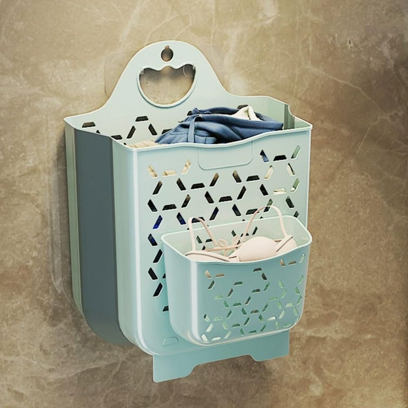 Earssa Hanging Laundry Hamper with Carry Handle, Foldable Plastic Laundry Baskets, Wall Hanging Storage Basket, Dirty Clothes Storage Bin Multi-function Storage Container Durable, Set of 2 (Blue,Small) - Image 2