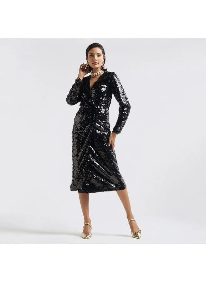 FAV All-Over Sequins Dress with V-neck and Long Sleeves