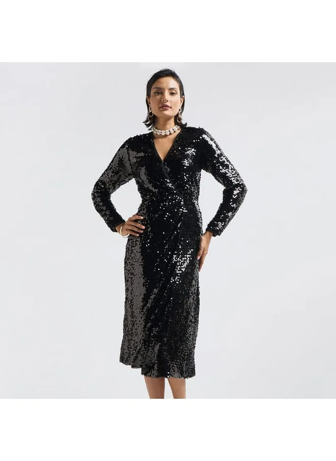 FAV All-Over Sequins Dress with V-neck and Long Sleeves