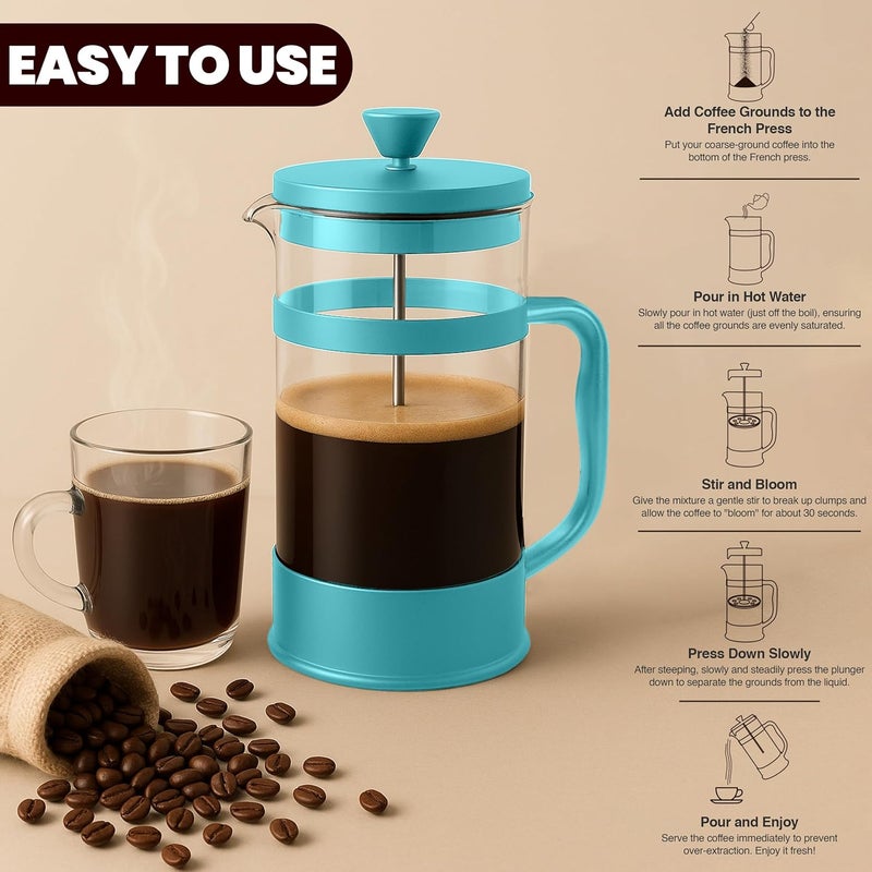 Utopia Kitchen French Press Espresso and Tea Maker with Triple Filters, Stainless Steel Plunger and Heat Resistant Borosilicate Glass (Aqua, 34-oz (Pack of 1)) - Image 4