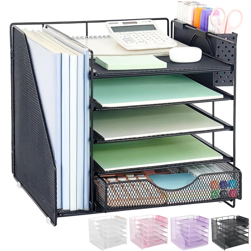 OUTIOE Desk Organizer with Drawer and Pen Holder, 5-Tier Paper Letter Tray Organizer with File Holder, Suitable for Workspace Organizer Office Supplies Storage (Black) - Image 1