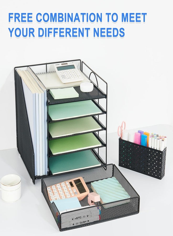 OUTIOE Desk Organizer with Drawer and Pen Holder, 5-Tier Paper Letter Tray Organizer with File Holder, Suitable for Workspace Organizer Office Supplies Storage (Black) - Image 3