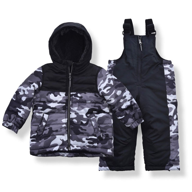 Arctic Quest Boys' Bib Snow Pants and Ski Jacket Water-Resistant Snowsuit For Kids Winter Hooded Jacket, Black Grey Camo, 7 - Image 1