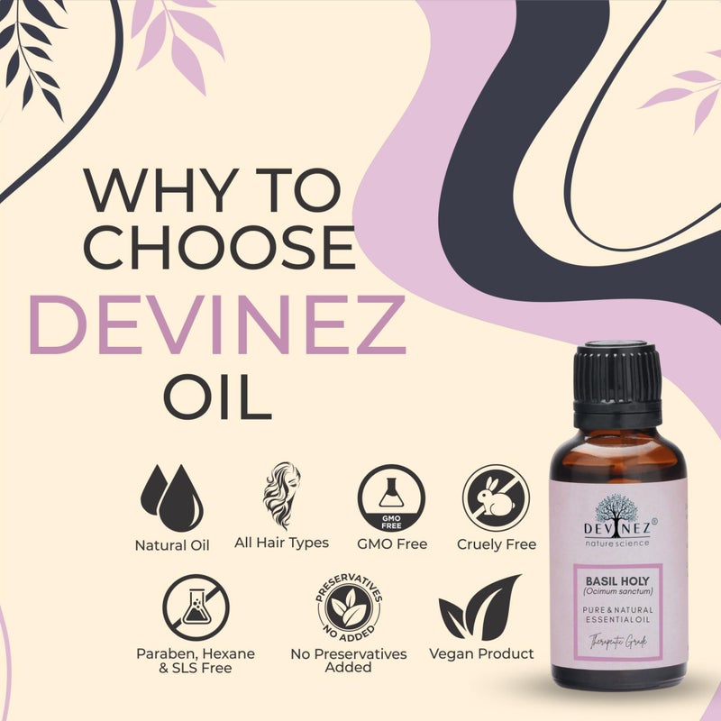Devinez Basil - Holy (Tulsi) Essential Oil, 100% Pure, Natural & Undiluted, 50ml in Glass Bottle - for Skin & Hair care, Relieve Pain, Wound healing & Natural Remedies - Image 2