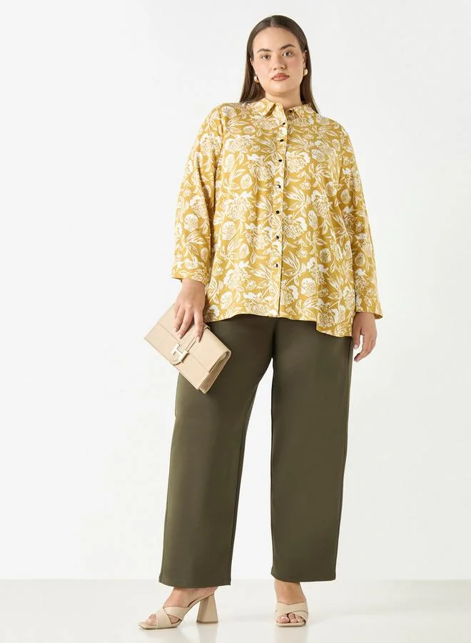 Ulla Popken Plus Size Ulla Popken All-Over Floral Print Shirt with Long Sleeves