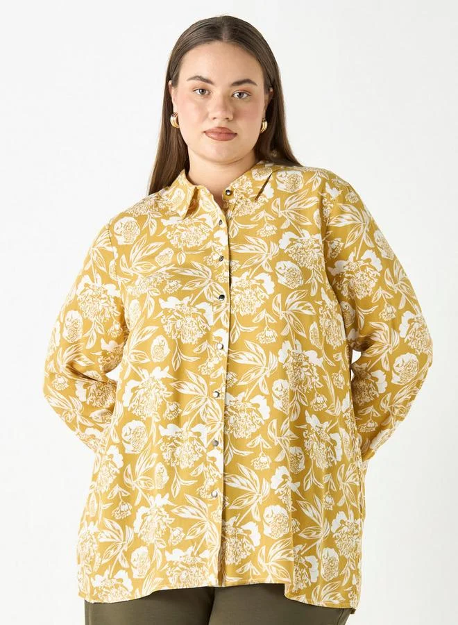 Ulla Popken Plus Size Ulla Popken All-Over Floral Print Shirt with Long Sleeves