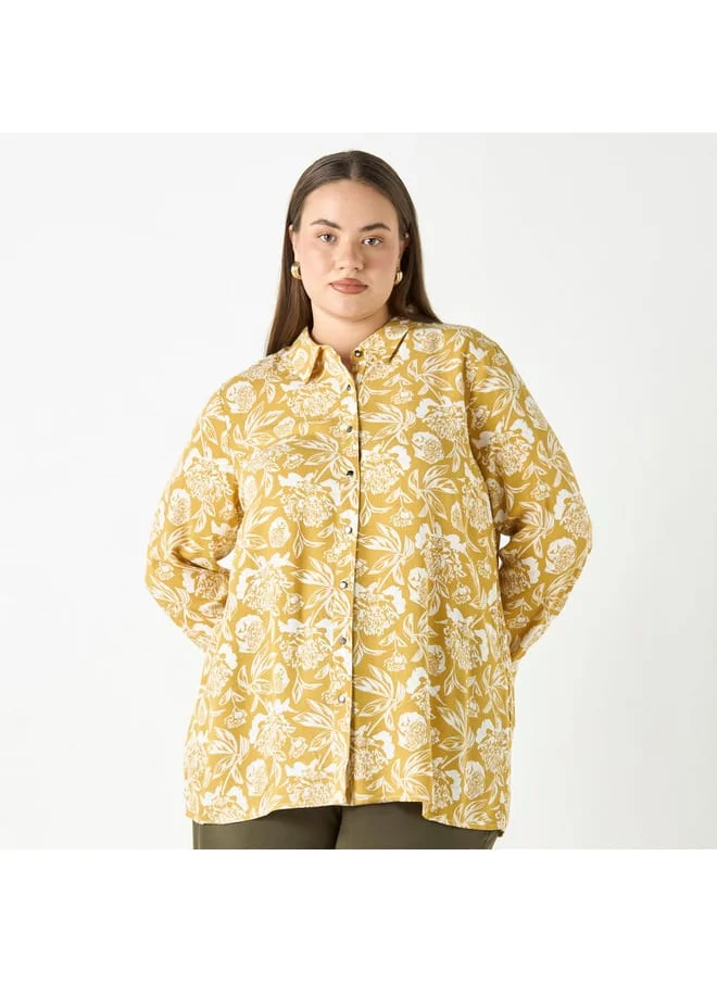 Ulla Popken Plus Size Ulla Popken All-Over Floral Print Shirt with Long Sleeves