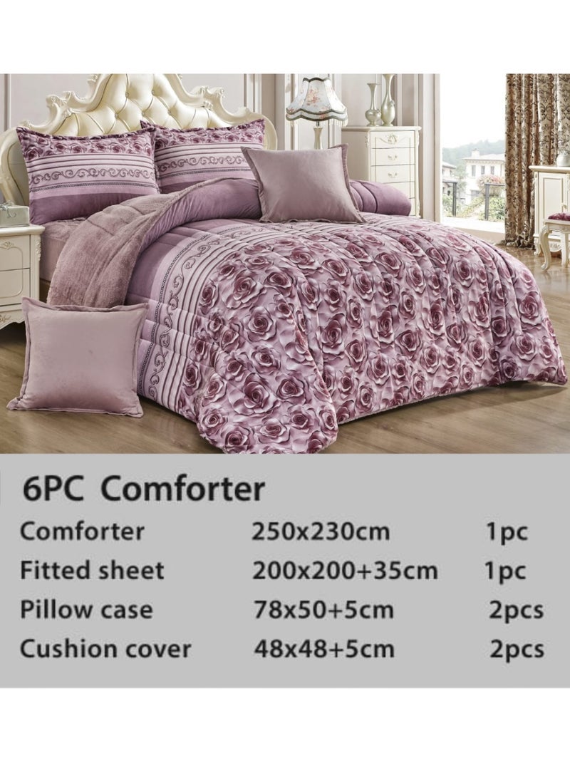 مون مفرش شتوي نفرين نظام وجهين وجه مخمل وجه فرو - طقم مفارش 6 قطع ( 1 مفرش + 1 واقي مرتبة مطاط + 4 أغطية وسائد ديكورية ) - Image 2