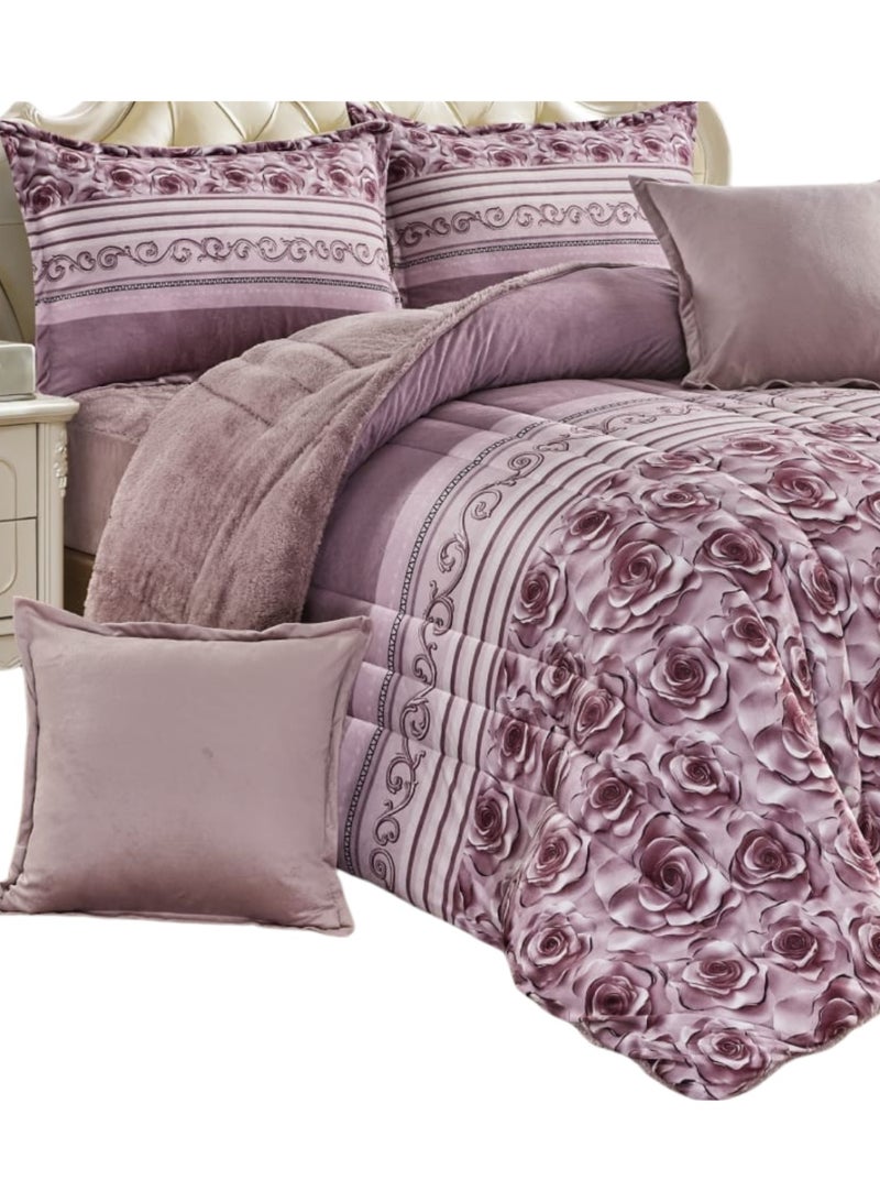 مون مفرش شتوي نفرين نظام وجهين وجه مخمل وجه فرو - طقم مفارش 6 قطع ( 1 مفرش + 1 واقي مرتبة مطاط + 4 أغطية وسائد ديكورية ) - Image 5