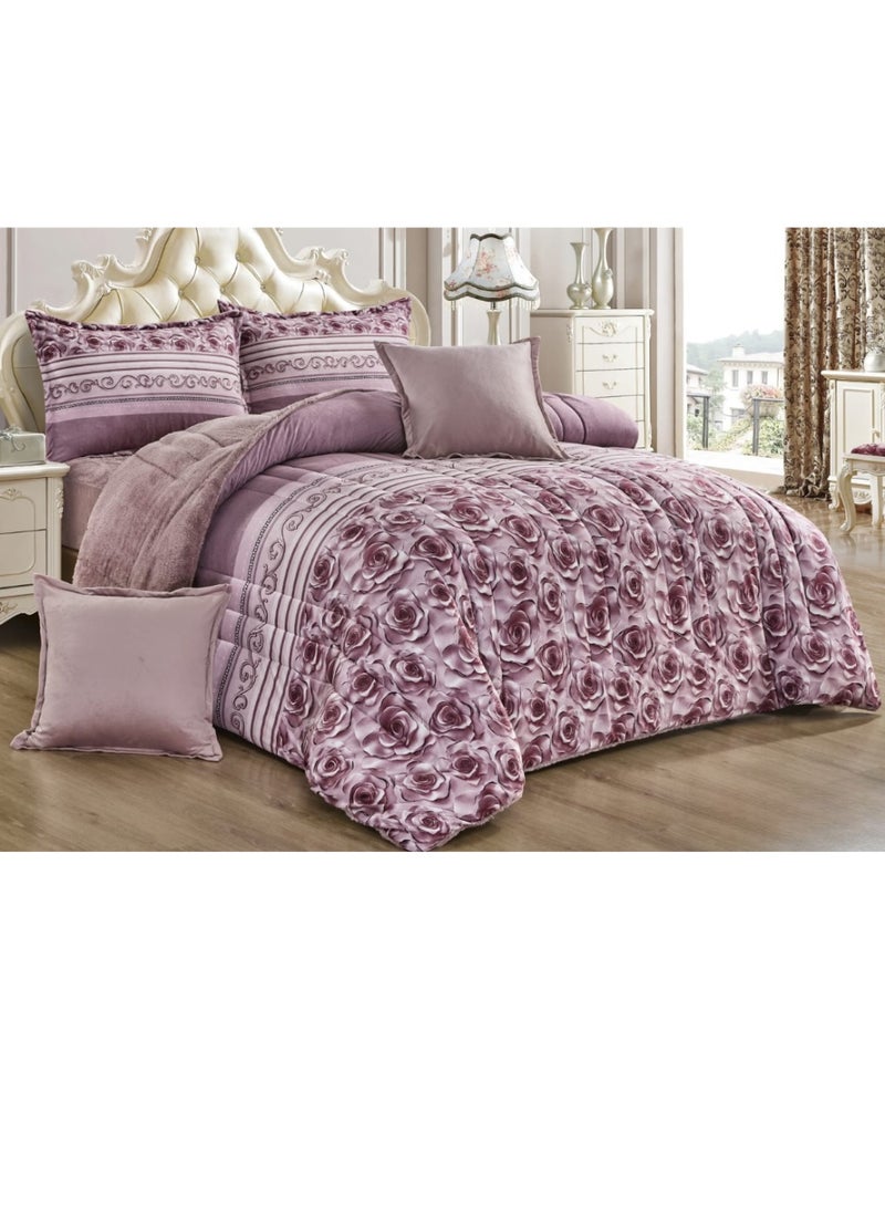 مون مفرش شتوي نفرين نظام وجهين وجه مخمل وجه فرو - طقم مفارش 6 قطع ( 1 مفرش + 1 واقي مرتبة مطاط + 4 أغطية وسائد ديكورية ) - Image 1