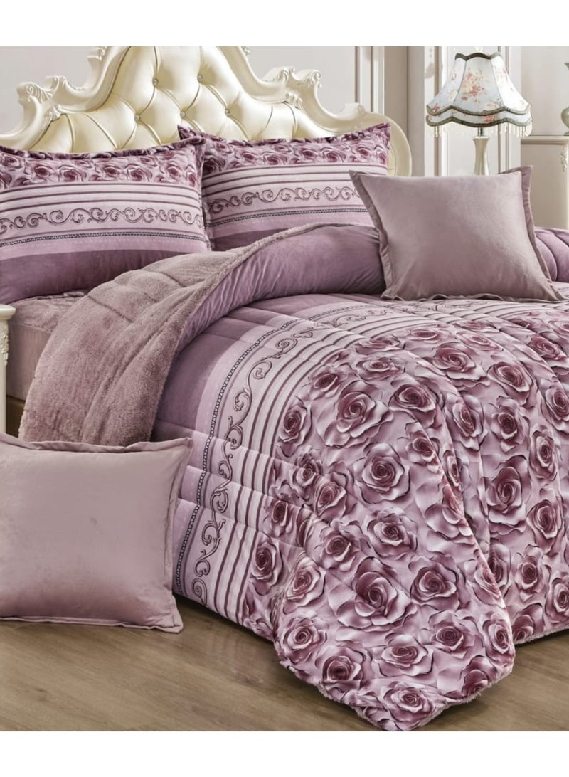 مون مفرش شتوي نفرين نظام وجهين وجه مخمل وجه فرو - طقم مفارش 6 قطع ( 1 مفرش + 1 واقي مرتبة مطاط + 4 أغطية وسائد ديكورية ) - Image 3