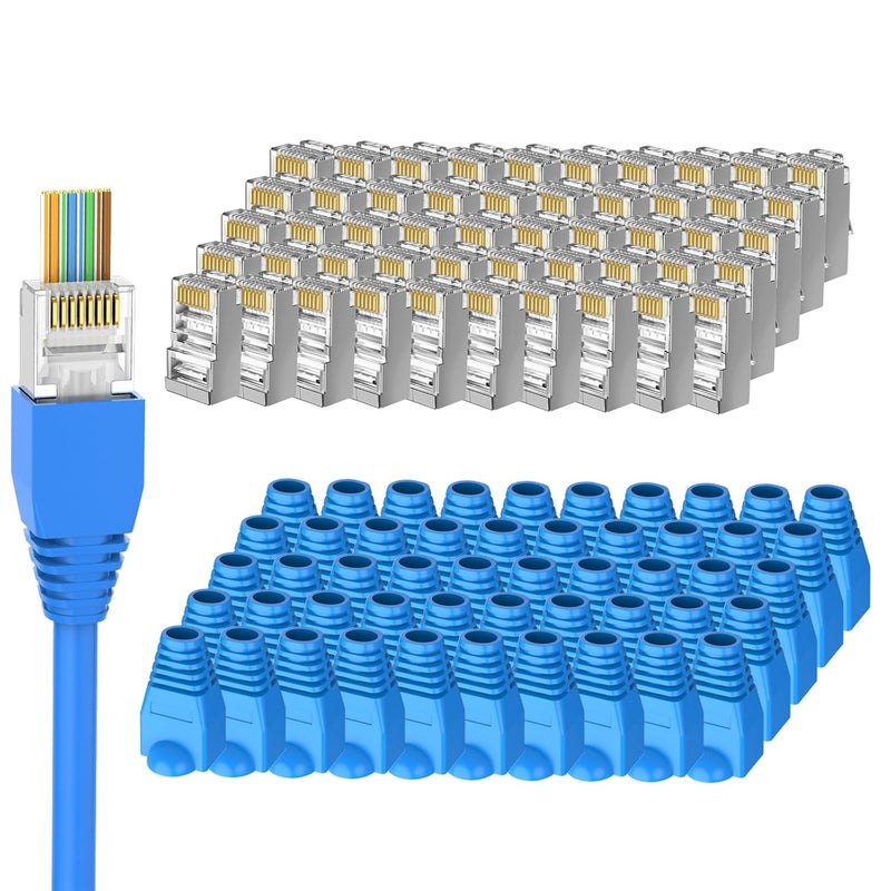 Brileine مجموعة بريلين المكونة من 100 قطعة من موصلات RJ45 المارة المحمية من الفئة 6 مع أغطية أحذية RJ45، تبسط عمليات الإنهاء مع نهايات إيثرنت / نهايات Cat6 / موصلات RJ45 / موصلات Cat 6 لكابلات Cat6 Cat5e - Image 1