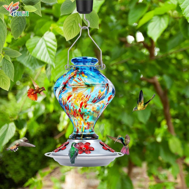 BOLITE Hummingbird Feeders, 24004B Glass Hummingbird Feeders for outdoors Hanging, Hand Blown Twisted with 5 Feeding Ports & Perch, 24 Ounces, Leak Proof, Blue - Image 2