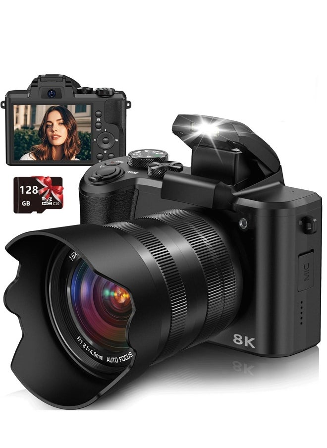 ماكرايستورم كاميرا رقمية بدقة 8K، كاميرا دي إس إل آر لالتقاط الصور الفوتوغرافية، كاميرا فيديو بدقة 88 ميجابكسل مع تركيز تلقائي وواي فاي، شاشة تعمل باللمس، عدسة أمامية وخلفية، فلاش، غطاء واقي للعدسة، بطاقة ذاكرة 128 جيجابايت (أسود)  - Image 1