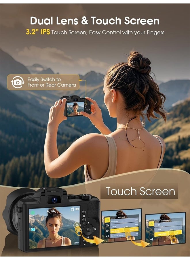 8K Digital Camera, DSLR camera for Photography, 88MP Autofocus WiFi Vlogging Camera  with Front and Rear Lens, Flash, Touch Screen, Lens Hood, 128GB Card  (Black)