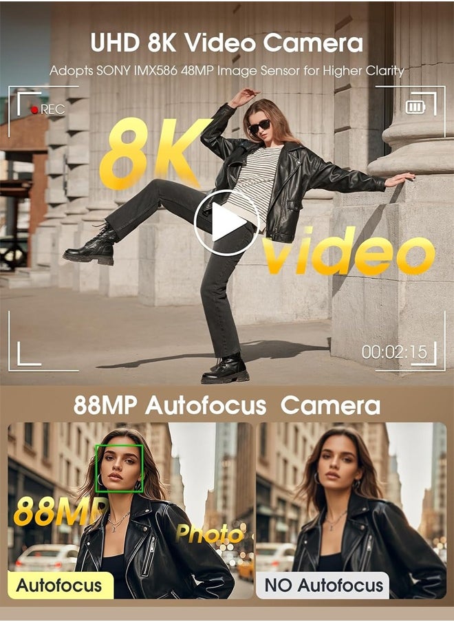 ماكرايستورم كاميرا رقمية بدقة 8K، كاميرا دي إس إل آر لالتقاط الصور الفوتوغرافية، كاميرا فيديو بدقة 88 ميجابكسل مع تركيز تلقائي وواي فاي، شاشة تعمل باللمس، عدسة أمامية وخلفية، فلاش، غطاء واقي للعدسة، بطاقة ذاكرة 128 جيجابايت (أسود)  - Image 3