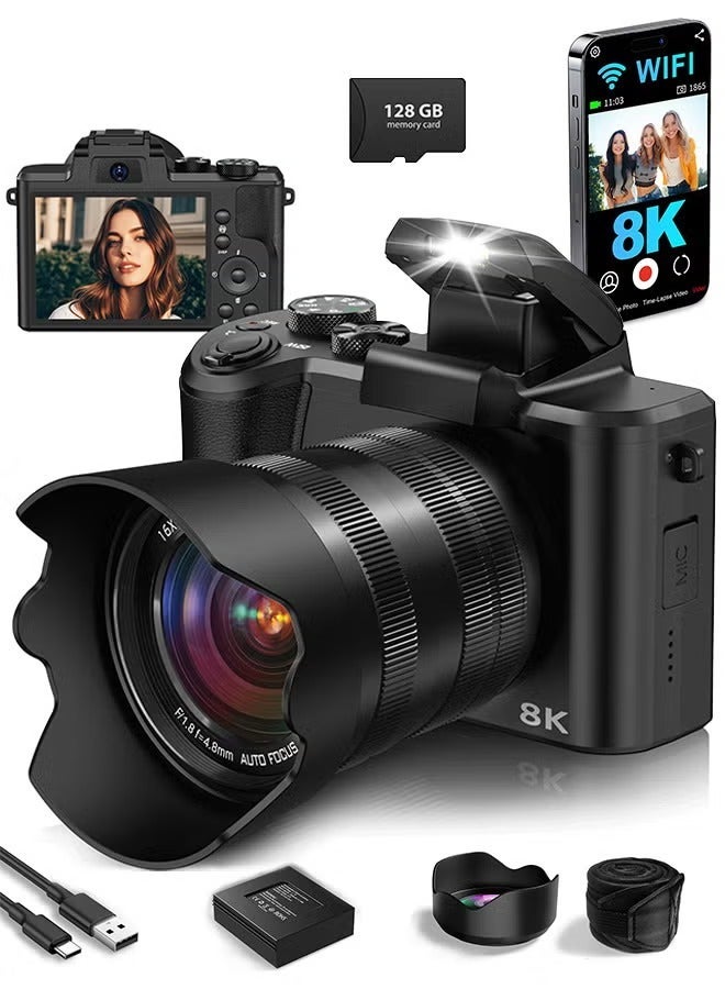 8K Digital Camera, DSLR camera for Photography, 88MP Autofocus WiFi Vlogging Camera with Front and Rear Lens, Flash, Touch Screen, Lens Hood, 128GB Card (Black)