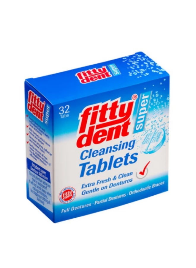 A pack of denture cleaning tablets containing 32 tablets.