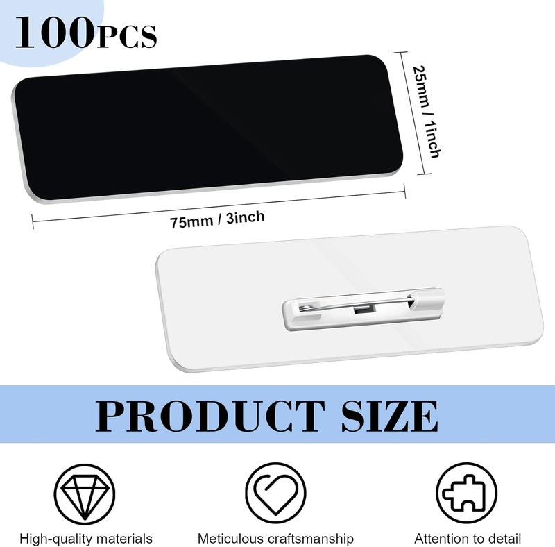 Breling 100 Pieces Name Tags with Pins 1 x 3 Inches Blank Name Tags Reusable ID Badge Holders with Clip for Office Workers Students Employee Custom(Black) - Image 2