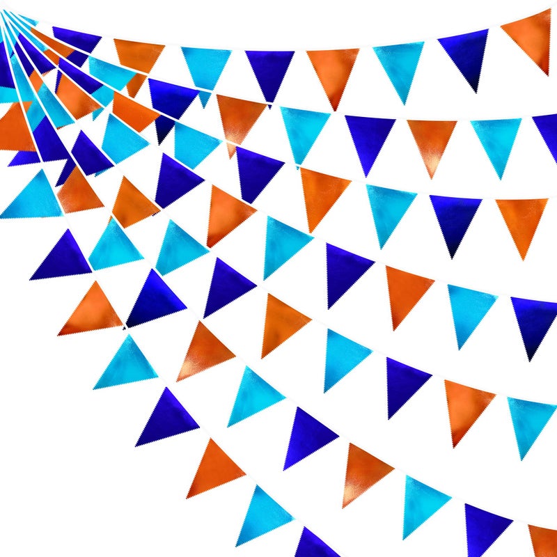 pinkblume Orange Blue Party Decorations Metallic Fabric Triangle Pennant Flag Bunting Banner Garland for Birthday Baby Shower Graduation Bridal Shower Wedding Bachelorette Engagement Space Theme Party Supplies - Image 1