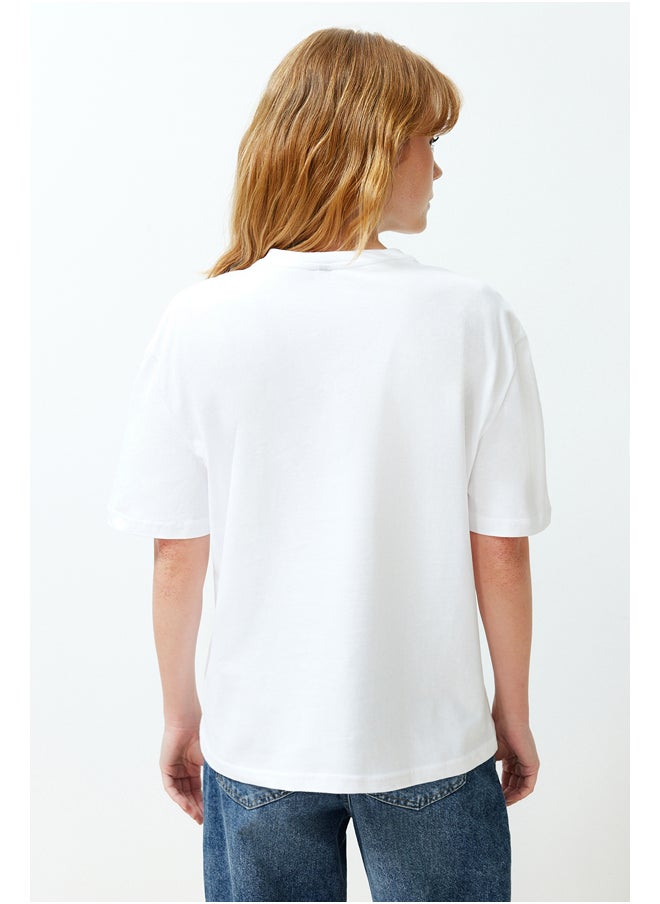 trendyol - White Premium Relaxed/Wide Fit Printed Soft Button Knitted T-Shirt TWOSS24TS00077 - Image 1