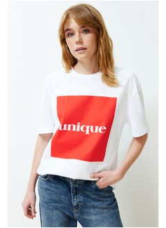 White Premium Relaxed/Wide Fit Printed Soft Button Knitted T-Shirt TWOSS24TS00077