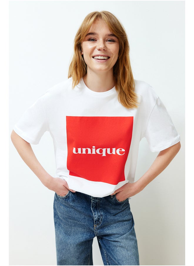 trendyol - White Premium Relaxed/Wide Fit Printed Soft Button Knitted T-Shirt TWOSS24TS00077 - Image 1