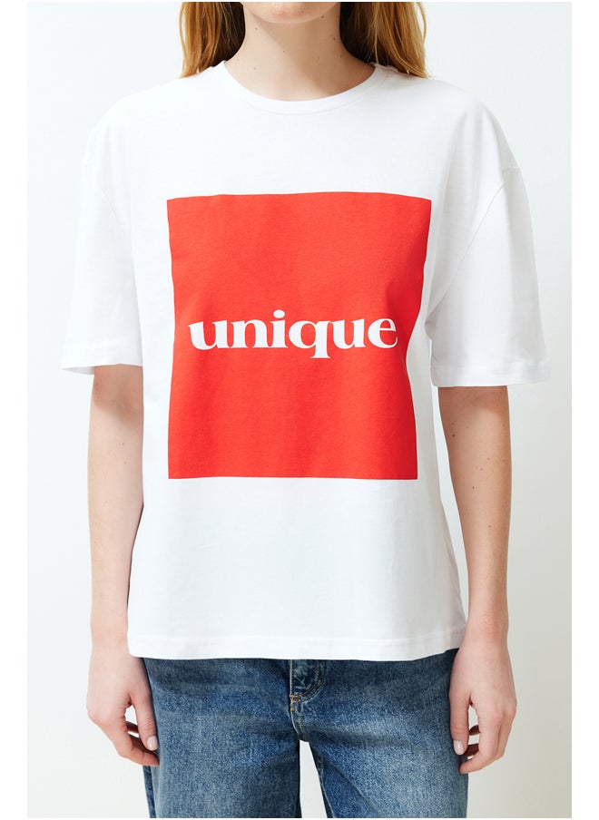 trendyol - White Premium Relaxed/Wide Fit Printed Soft Button Knitted T-Shirt TWOSS24TS00077 - Image 1