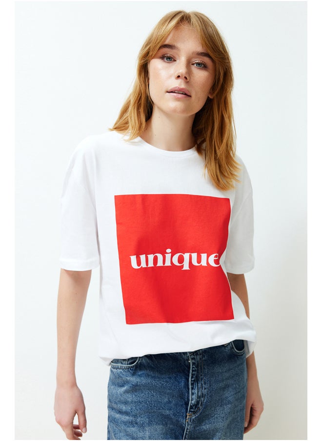 trendyol - White Premium Relaxed/Wide Fit Printed Soft Button Knitted T-Shirt TWOSS24TS00077 - Image 1