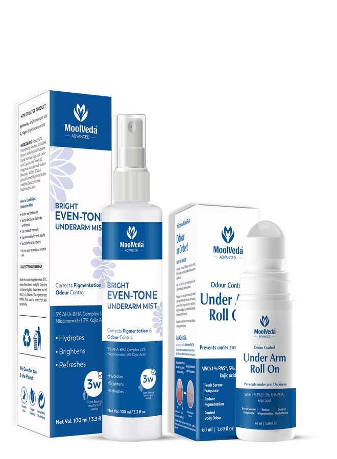 Moolveda Bright Underarm Care Combo | Even-Tone Mist 100ml + 5% AHA BHA Roll On 60ml | Pigmentation Removal & Odour Control | Men & Women - Image 1