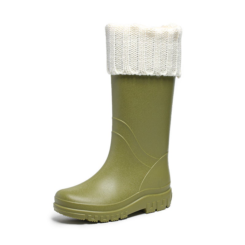 Korean Fashion Waterproof Ladies Rain Boots Green [Cotton added]] 