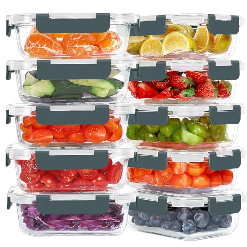 KOMUEE 10 Packs 22 oz Glass Meal Prep Containers, Glass Food Storage Containers with Lids, Airtight Lunch Boxes BPA Free, Microwave and Freezer Safe - Image 1