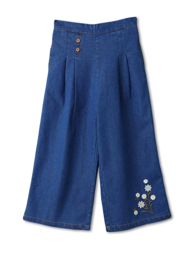 Nautinati Nautinati Girls' Embroidered Flowers Knife Pleats Wide Leg Denim Jeans