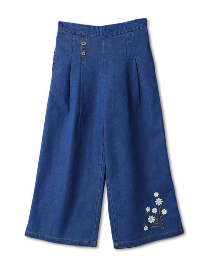 Nautinati Girls' Embroidered Flowers Knife Pleats Wide Leg Denim Jeans - Image 1