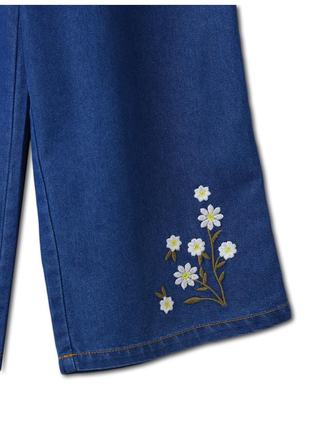 Nautinati Girls' Embroidered Flowers Knife Pleats Wide Leg Denim Jeans - Image 2