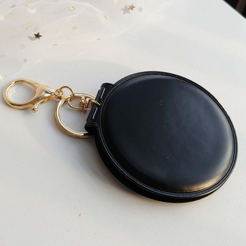 Generic Korean Style Candy Color Makeup Mirror Leather Small Round Mirror Portable Folding Makeup Mirror Keychain Double-sided Mirror Hair Ball Pendant Black