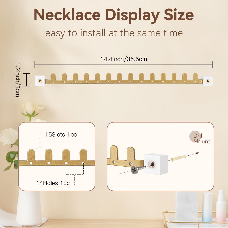 milylove Wall Necklace Holder Hanging Jewelry Organizer 2 Pack Metal Necklace Organizer, Space-saving Jewelry Display for Necklaces & Earringsï¼ŒGoldï¼ŒScrews Included - Image 3