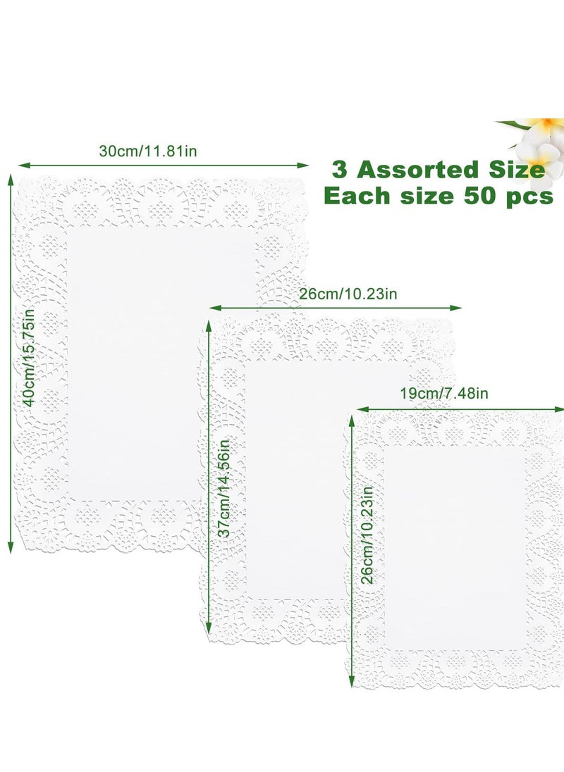 150 Pcs 3 Sizes Rectangle Paper Doilies Lace Placemats Disposable Greaseproof White for Table Wedding Birthday Cakes Desserts Food Decoration