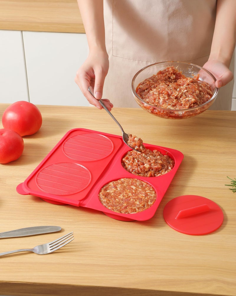 AUOON Hamburger Press Patty Maker - 4-Cavity Silicone Burger Press Mold, 4.5" 1/4 lb Non-Stick Burger Patty Maker for Kitchen BBQ, Dishwasher Safe & Freezer Storage (Red) - Image 2