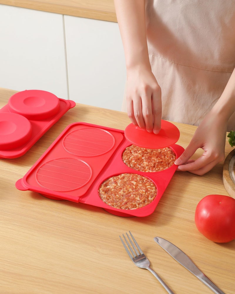 AUOON Hamburger Press Patty Maker - 4-Cavity Silicone Burger Press Mold, 4.5" 1/4 lb Non-Stick Burger Patty Maker for Kitchen BBQ, Dishwasher Safe & Freezer Storage (Red) - Image 3